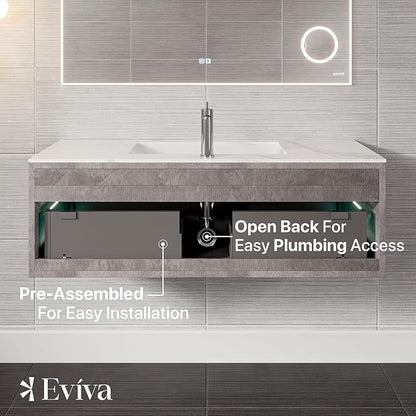 Eviva Aurora 48 in. Concrete Gray Wall Mount Single Sink Bath Vanity with Carrara Quartz Top