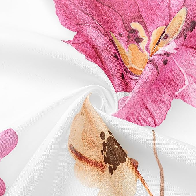 Pink Yellow Beige Watercolor Floral Fabric Shower Curtain, 72x72 | Waterproof Fabric, Modern Minimalist Floral Print, Machine Washable, Rustproof Grommets, for Bathroom Home