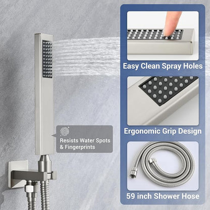 Thermostatic Dual Shower Head System, Brushed Nickel Shower Faucet | 12 Inch Ceiling Rainfall Shower, 6 Inch Wall Mount Head, High Pressure Handheld Sprayer, Push Button Valve