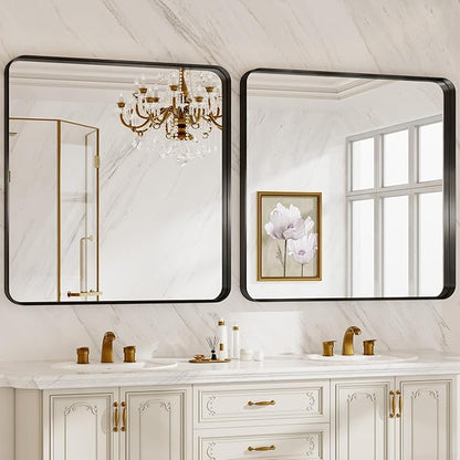 36 Inch Brushed Nickel Bathroom Mirrors for Over Sink, Rounded Rectangle Black Vanity Mirror, Farmhouse Mirror for Wall, HD Tempered Glass, Anti-Rust Mirror,Hangs Horizontally or Vertically