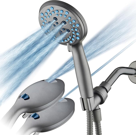 AquaCare New 8-mode High Pressure Handheld Shower Head w/ 2-way Power Wash | Stay Clean Nozzles, Dual Power Wash for Tub, Tile & Pets, Long 6 ft. Stainless Steel Hose, Wall & Overhead Brackets / Modern