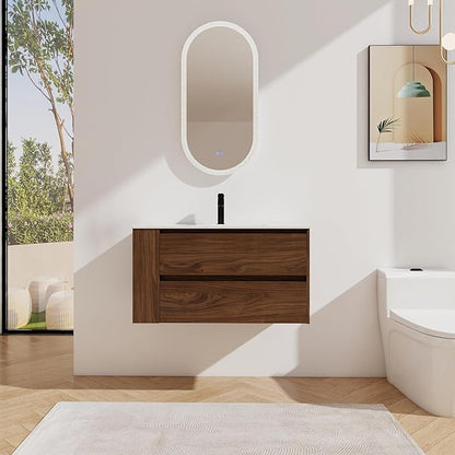 Henf 36 Inch Wall Mount Bathroom Vanity W/Sink Combo, Modern Design Vanity Cabinet with Gel Basin, Floating Mounting Bathroom Cabinet Set with 2 Drawer and Adjustable Storage Shelf,Brown