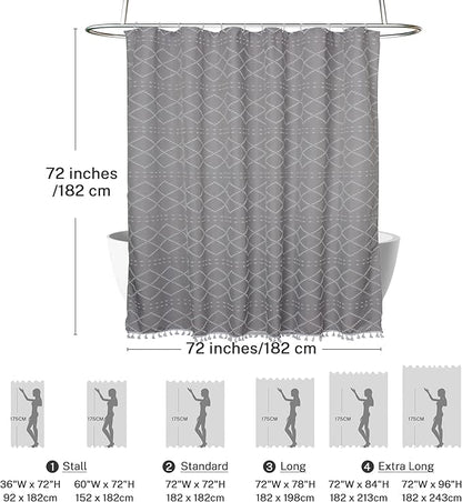 Boho Grey Textured Shower Curtain with Tassels 72 x 72 Tufted Chevron Striped Chenille Woven Fabric Cloth Shower Curtain Modern Farmhouse Minimalist, Shabby Chic Home Decor for Bathroom