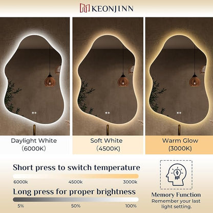 Keonjinn Irregular Backlit Bathroom Mirror 40 x 24 Inch, HD Tempered Glass | Asymmetrical Cloud LED Bathroom Mirror, 3000K/4500K/6000K, Dimmable, Fast & Safe Defog, Memory Function, Horizontal/Vertical