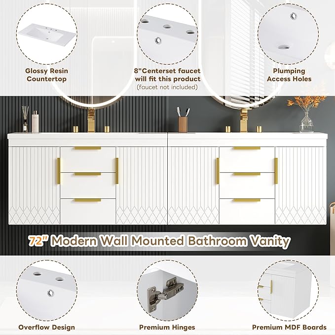 72'' Wall Mounted Bathroom Vanity, Floating Storage Vanity Cabinet with 2 Drawers and Shelves, Solid Wood Bathroom Cabinet, White
