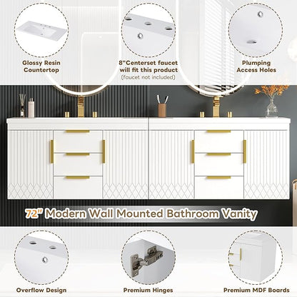 72'' Wall Mounted Bathroom Vanity, Floating Storage Vanity Cabinet with 2 Drawers and Shelves, Solid Wood Bathroom Cabinet, White