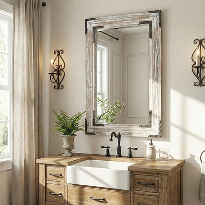 Distressed White 24x36 Inch Wood Bathroom Vanity Mirror, Rivets | Farmhouse style, beveled glass edge, layered whitewashed grain, single-sink bathrooms, dressers and entry consoles