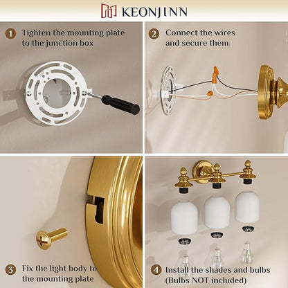 Keonjinn Gold Bathroom Light Fixtures, 3-Light Vintage Vanity Lights for Mirror with Frosted Glass Shades, UL Listed E26 Base(Bulbs Not Included), Reversible Vanity Lighting Fixtures for Bathroom