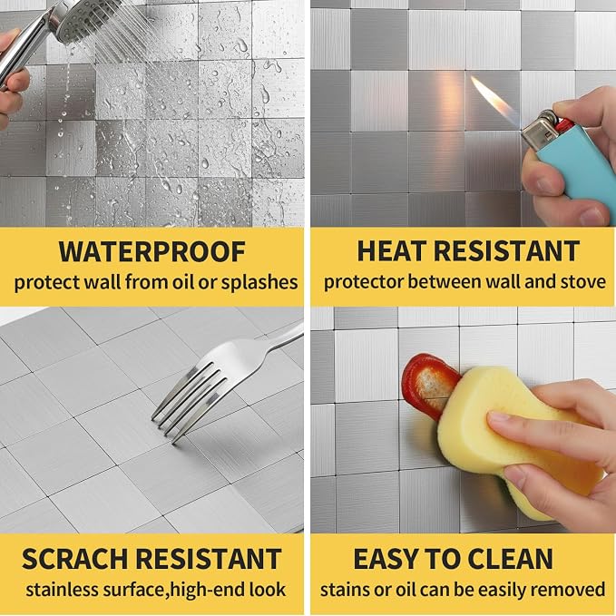 Yipscazo 10 Sheet Peel and Stick Backsplash Mosaic Tiles Stainless Steel Metal Look Kitchen Backsplash Stick on Tiles for Stove, Bathroom, Laundry in Silver (11.8'' x 11.8'')