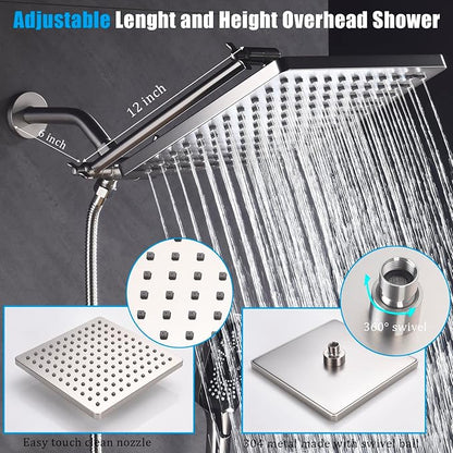 Shower Faucet Set Brushed Nickel Rough-in Anti-Scald Pressure Balanced Valve Body Modern Luxury Wall Mounted 10 Inch Rain Mixer Shower System (Brushed Nickel)
