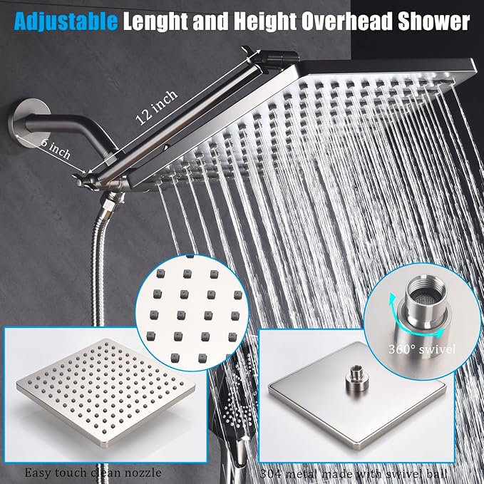 Shower Faucet Set with Tub Spout Brushed Nickel 10 Inch Rainfall Shower 4 Setting Spray Mixer Shower System Modern Luxury Wall Mounted Tub Shower Faucet Set Rough-in Valve Body (Brushed Nickel)