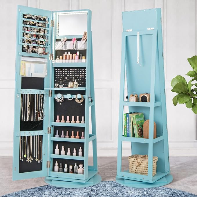 MAT EXPERT 360° Rotating Jewelry Armoire, Lockable Freestanding Jewelry Organizer w/Full-length Mirror, 3-Color LED Lights, Rear Storage Shelves, Mirror Jewelry Cabinet for Bedroom (Sky Blue)