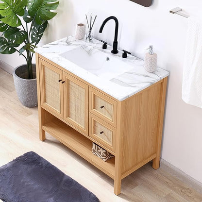 JONATHAN Y VAN1025A Jasper 36 in. W x 18 in. D x 33 in. H Rattan Modern Coastal 2-Shelf Bathroom Vanity Cabinet Only with Soft Closing Doors (Sink Basin Not Included), Oak
