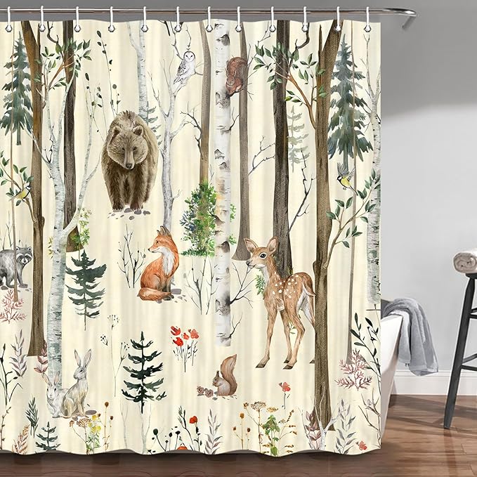 JAWO Rustic Forest Shower Curtains, Lodge Cabin Woodsy RV Shower Curtain, Wildlife Animals Woodland Campers Camping Bathroom Set with Hooks, 60X70 Inch, Beige