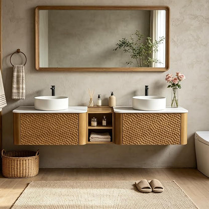 72 Inch Double Vanity with Sink Set, Floating Bathroom Sink Cabinet with Sintered Stone Top&Solid Wood Hammered Frame, Double Bathroom Vanities w/Soft-Close Drawers&1 Middle Open Cube