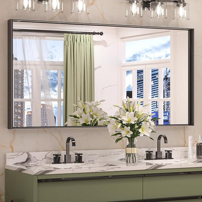 Keonjinn 48x24 Inch Black Bathroom Mirror for Over Sink, Square Corner | HD Tempered Glass, Vanity Mirror, Brushed Framed, Rectangular, Modern Farmhouse, Wall Mounted Mirrors, Aluminum Alloy