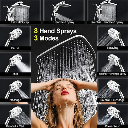 Rain Shower Head with filtered Handheld High Pressure rainfall Shower Heads with Handheld Spray Combo Adjustable one-piece stand daul shower head Built-in Magnetic Docking and Power Jets | Dual shower heads; one-piece bracket adjusts height and angle; ...