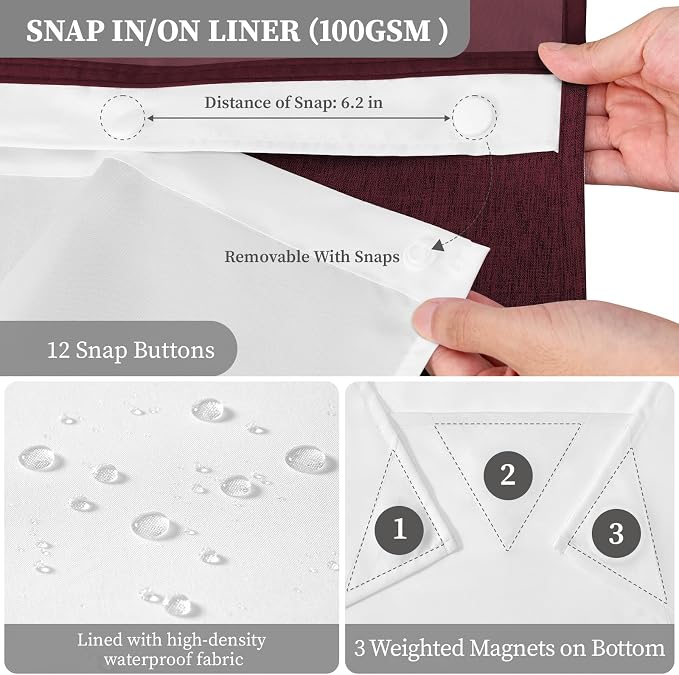 Burgundy Ringless Linen Look Shower Curtain with Snap in Liner, 72x75 | 3 in 1 Hotel Shower Curtain Set, Removable Liner, Waterproof & Washable, Mesh Top Window, Durable Fabric, Easy to Install