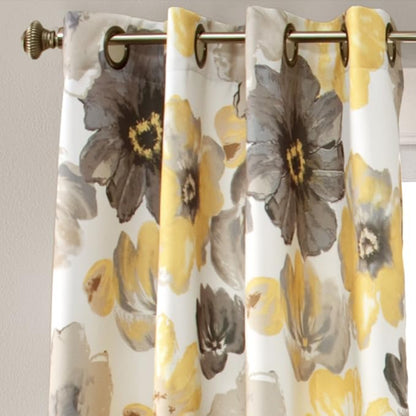 Lush Decor Leah Light Filtering Window Curtain Panels, Pair, 52" W x 120" L, Yellow & Gray - Floral Drapes for Bedroom - Yellow Curtains -Farmhouse Decor
