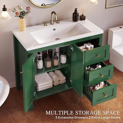 DWVO 36 Inch Bathroom Vanity with Sink Combo, Modern Bathroom Storage Cabinet with Resin Basin, Three Holes, 2 Doors & 3 Drawers, Green