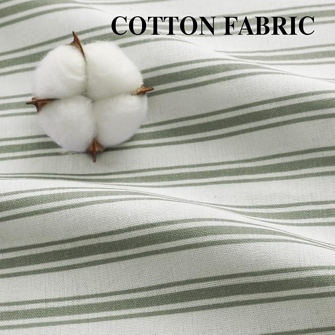 Farmhouse Shower Curtain Ruffle Linen White-Green Stripe 72"W x 72"L | Farmhouse Boho, Striped, Bottom Ruffle, Cotton Fabric, Rustic, Country, Natural Look, Washable, for Bathroom Bathtub
