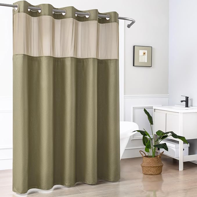 No Hook Shower Curtain with Snap-in Liner, Embossed Waffle Design Fabric Shower Curtain for Bathroom, Soft & Lightweight, 71x74, Taupe