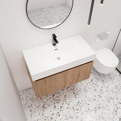 Malwee 36 Inch Floating Bathroom Vanity with Sink, 36'' Single Sink Wall Mounted Bathroom Vanity, with 2 Doors and White Resin Basin Top, Wall Hung Storage Cabinet Set(035-36)