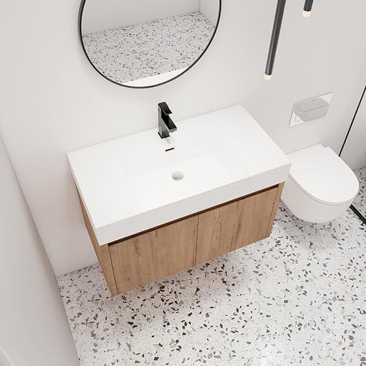 Malwee 36 Inch Floating Bathroom Vanity with Sink, 36'' Single Sink Wall Mounted Bathroom Vanity, with 2 Doors and White Resin Basin Top, Wall Hung Storage Cabinet Set(035-36)