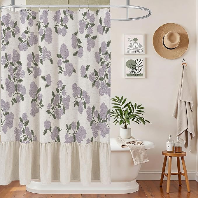 ORTIGIA Linen Textured Ruffle Shower Curtain with Metal Hooks, Vintage Purple Hydrangea Floral Boho Waterproof Bath Curtain for Rustic Farmhouse Bathroom Decor 72x72 Inch