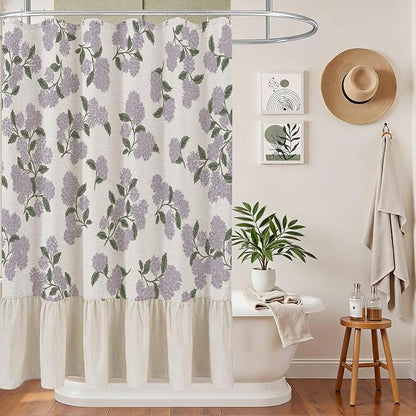 ORTIGIA Linen Textured Ruffle Shower Curtain with Metal Hooks, Vintage Purple Hydrangea Floral Boho Waterproof Bath Curtain for Rustic Farmhouse Bathroom Decor 72x72 Inch