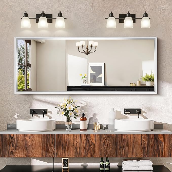 CIRCUMI 60"x24" Brushed Silver Bathroom Mirror, Double Sink Vanity Mirror | Chunky Box Metal Frame, Shatterproof, Tempered Glass, Bathroom Remodel&New Home, Large Rectangular Mirror for Living Room