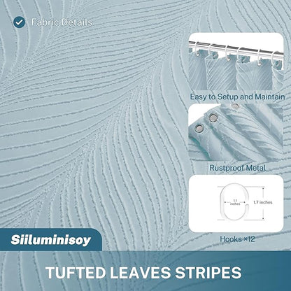 Fog Blue Boho Woven Fabric Cute Shower Curtain, 72 x 72 Tufted Leaves Textured Striped Modern Farmhouse Minimalist Cloth Shower Curtain for Bathroom