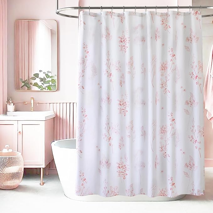 Pink Cute Floral Shower Curtain for Dorm Bathroom - Waterproof Fabric Pretty Light Pastel Coquette Boho French Country Flower Shower Curtains for Teen Girls Women with Hooks 72x72