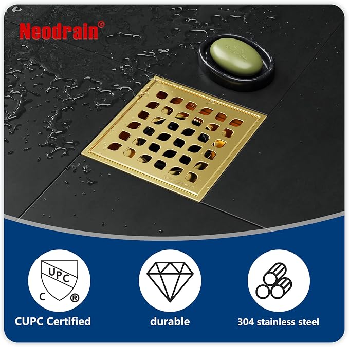Neodrain 4" Gold Square Shower Drain, with Removable Grate/Drain Key | 304 Stainless Steel Floor Drain , PVC Bonding Flange Base with Anti-Wicking Fabric, For Low Profile Shower Pan