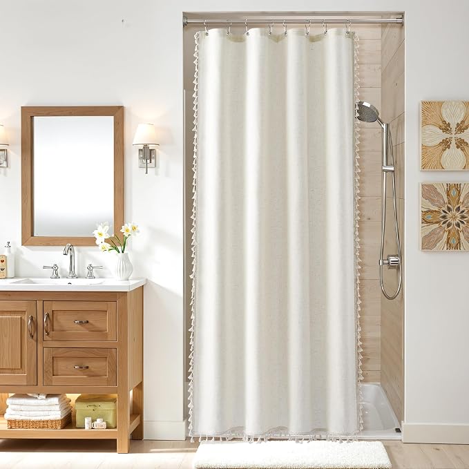 Stall Natural Boho Linen Shower Curtain 48 Inches Neutral French Country Curtain for Bathroom Farmhouse Weighted Tassel Shower Curtain Set with Hooks Modern Vintage Style Decor 48x72, Cream