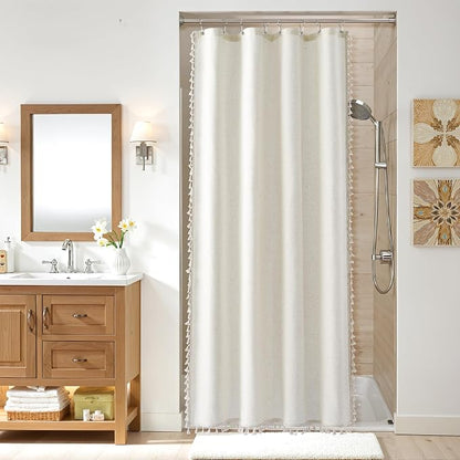 Stall Natural Boho Linen Shower Curtain 48 Inches Neutral French Country Curtain for Bathroom Farmhouse Weighted Tassel Shower Curtain Set with Hooks Modern Vintage Style Decor 48x72, Cream