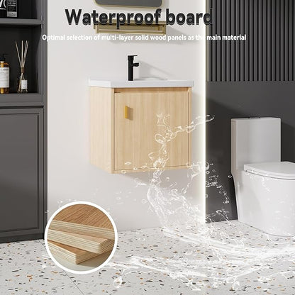 20'' Bathroom Vanity with Ceramic Sink Combo, Wall Mounted Small Bathroom Vanity with Soft-Close Door Modern Floating Cabinet, Pop-up Drain, P-Trap Included, Walnut(No Faucet)