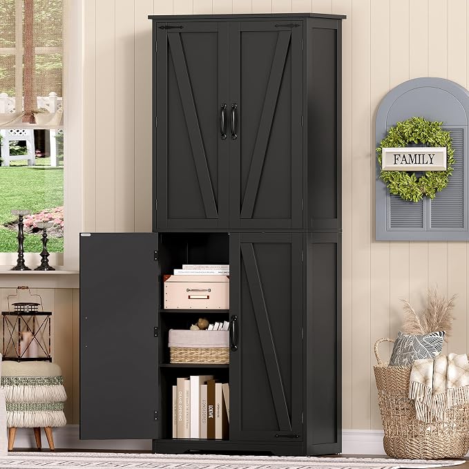 TEENFON Tall Storage Cabinet, Kitchen Cabinet with 4 Shelves, Adjustable Shelves, Pantry Cabinets with 4 Barn Doors, Tall Kitchen Cabinets for Dining Room, Living Room, Black