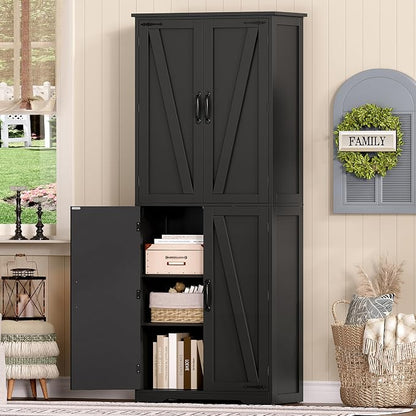 TEENFON Tall Storage Cabinet, Kitchen Cabinet with 4 Shelves, Adjustable Shelves, Pantry Cabinets with 4 Barn Doors, Tall Kitchen Cabinets for Dining Room, Living Room, Black