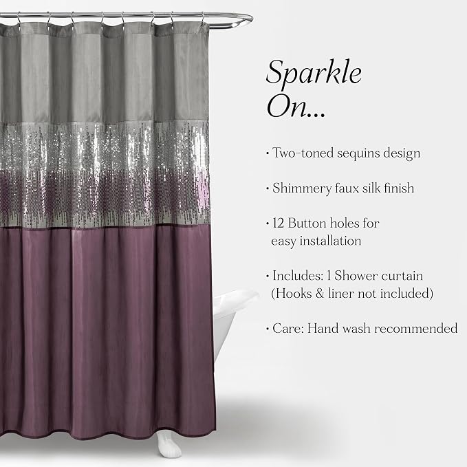 Lush Decor Night Sky Shower Curtain, Single, 72" W x 72" L, Gray & Purple - Sequin Shower Curtain - Sparkly Color Block Bath Curtain - Modern Glam Bathroom Decor