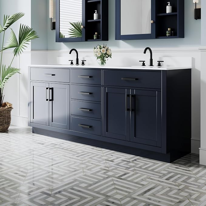 80-Inch Bathroom Vanity with Double Sinks W/ 4 Doors & 4 Drawers & 2 Flip Drawers, Navy Blue Vanity W/Matte Black Handles