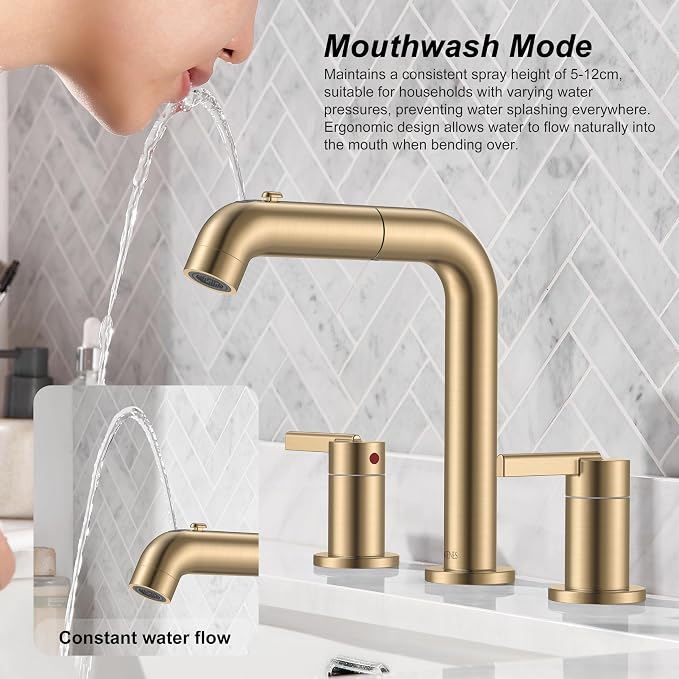 Champagne Bronze Pull Down Widespread Bathroom Faucet 3 Hole 2 Handle | Pull Out Bathroom Faucet with Pop Up Drain & Supply Lines, Lead-Free cUPC & NSF Certified, 8 Inch Faucet for Vanity RV Sink