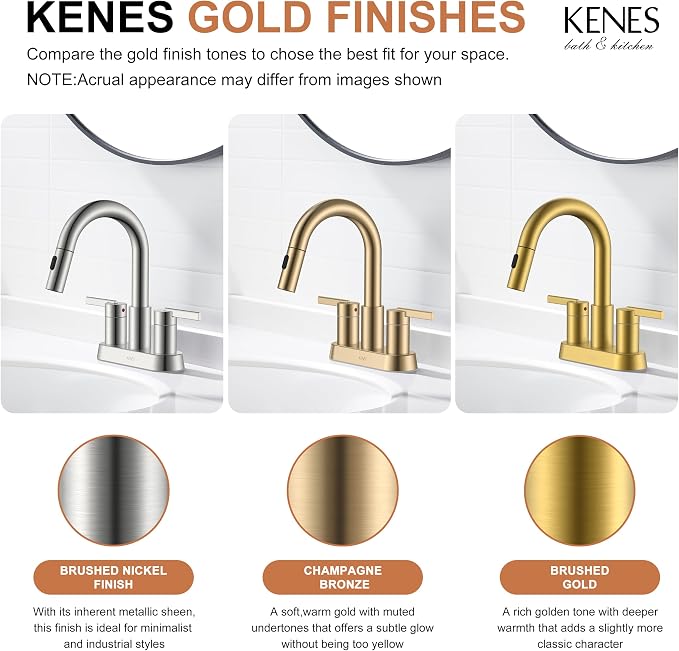 Champagne Bronze Pull Down Centerset Bathroom Faucet 4 Inch 2 Handle | Pull Out Bathroom Faucet with Pop Up Drain & Supply Lines, Lead-Free cUPC & NSF Certified, 3 Hole Faucet for Vanity RV Bar