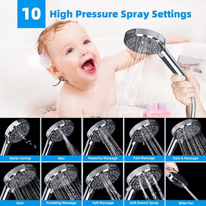 Hibbent 10" Dual Filtered Shower Head Combo, 10-spray Handheld, Chrome | All Metal High Pressure Rainfall Shower Head Combo with Filter, 16" Extension Arm, 3-way Diverter, 71" Hose & Shower Holder
