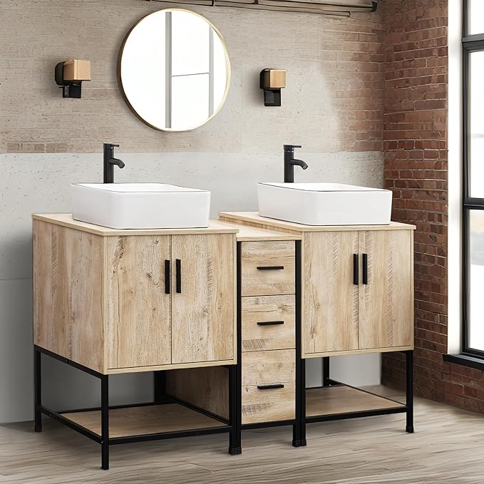 UEV Rustic 60" Double Sink Bathroom Vanity with Sink Combo,Industrial Iron Frame Bathroom Cabinet Sets with Middle 3 Drawers Cabinet (Rustic Oak, 031WH)