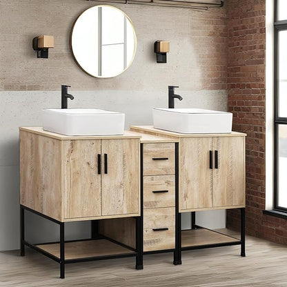 UEV Rustic 60" Double Sink Bathroom Vanity with Sink Combo,Industrial Iron Frame Bathroom Cabinet Sets with Middle 3 Drawers Cabinet (Rustic Oak, 031WH)