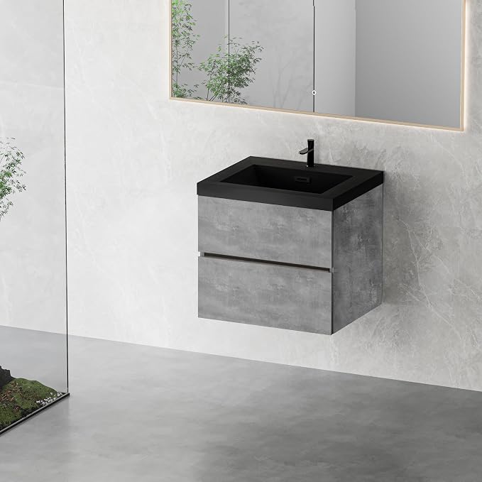24" Floating Bathroom Vanity with Sink, Modern Wall-Mounted Bathroom Storage Vanity Cabinet with Two Black Quartz Sand Top Basins and Four Soft Close Drawers, Cement Grey