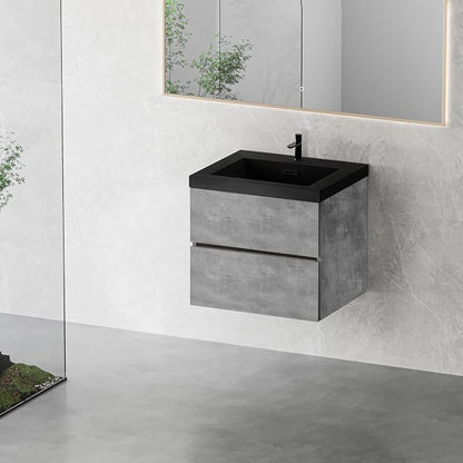24" Floating Bathroom Vanity with Sink, Modern Wall-Mounted Bathroom Storage Vanity Cabinet with Two Black Quartz Sand Top Basins and Four Soft Close Drawers, Cement Grey