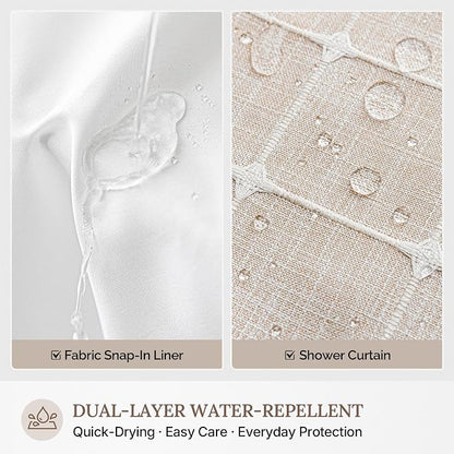 RiverDream Farmhouse No Hooks Shower Curtain with Snap-in Liner,Linen,36x74 | Snap on Fabric Liner,Heavy Duty,Quick Dry,With Bottom Magnets,Washable,with Tassels, Rustic Boho Farmhouse,Stall Size