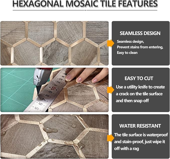 STICKGOO Hexagon Peel and Stick Backsplash Tile, Stick on Backsplash for Kitchen and Bathroom, Wood Texture PVC Mixed Metal Gold Self Adhesive Wall Tiles(10 Sheets, Seamless)